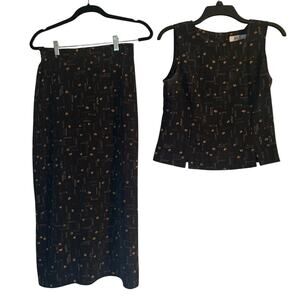 GUC Vintage BICE Sag Harbor 2 Piece Skirt Set Black/Floral Size:Skirt 8P/Top 10P